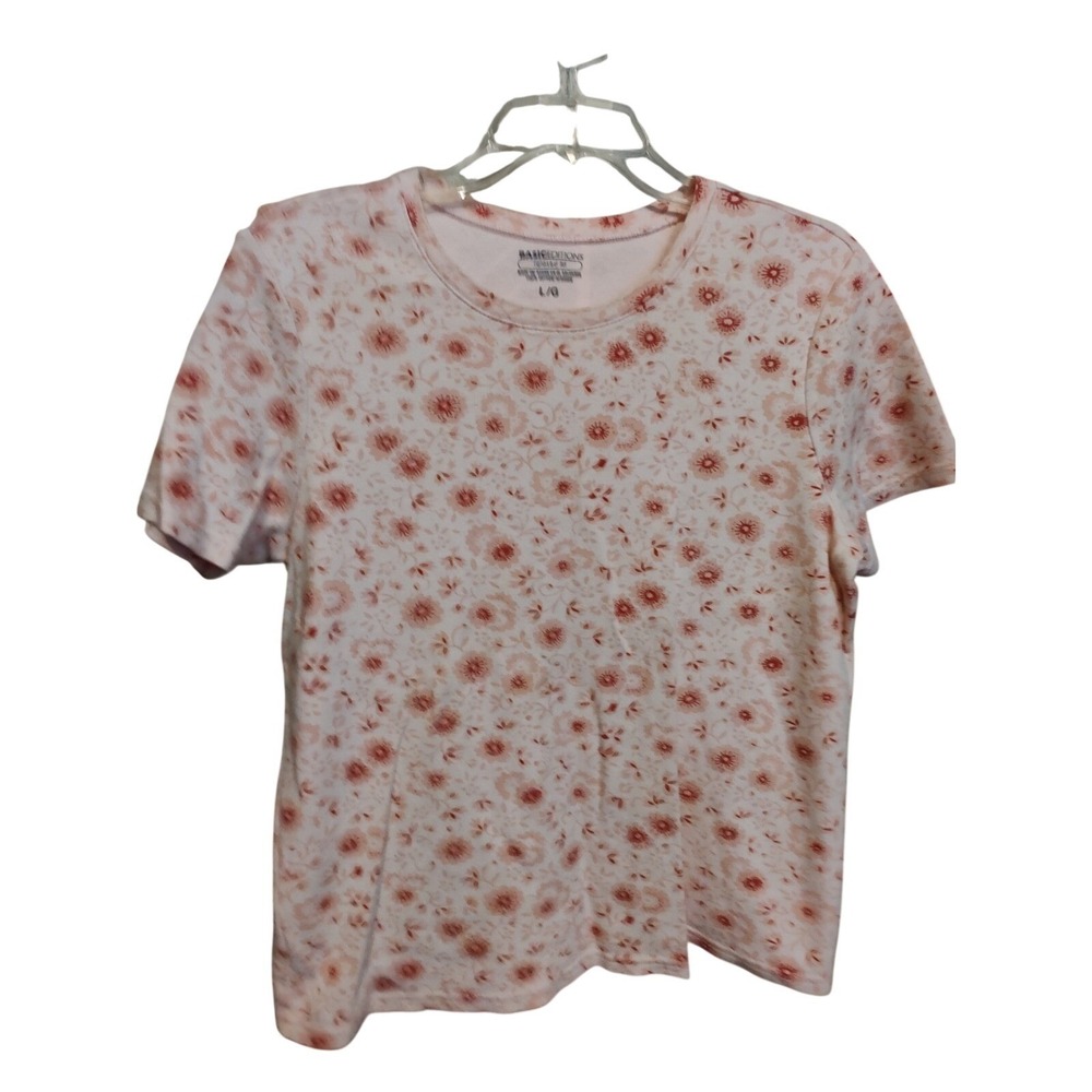 Womens Basic Editions Floral Print Tee L Pink Terracotta Excellent Relaxed Fit